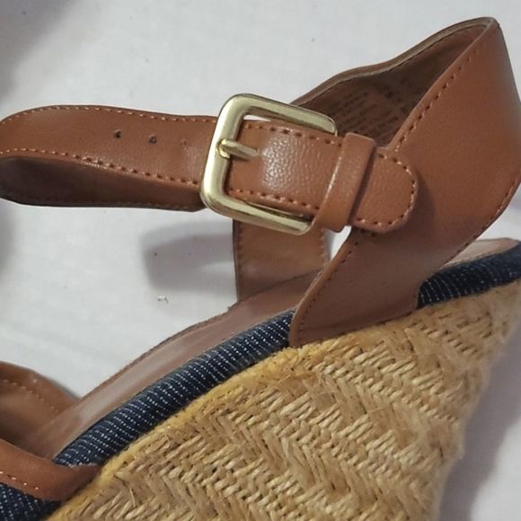 Boho Retro Y2K Chambray & Vegan Leather Espadrille Wedge Sandals - Picture 4 of 11